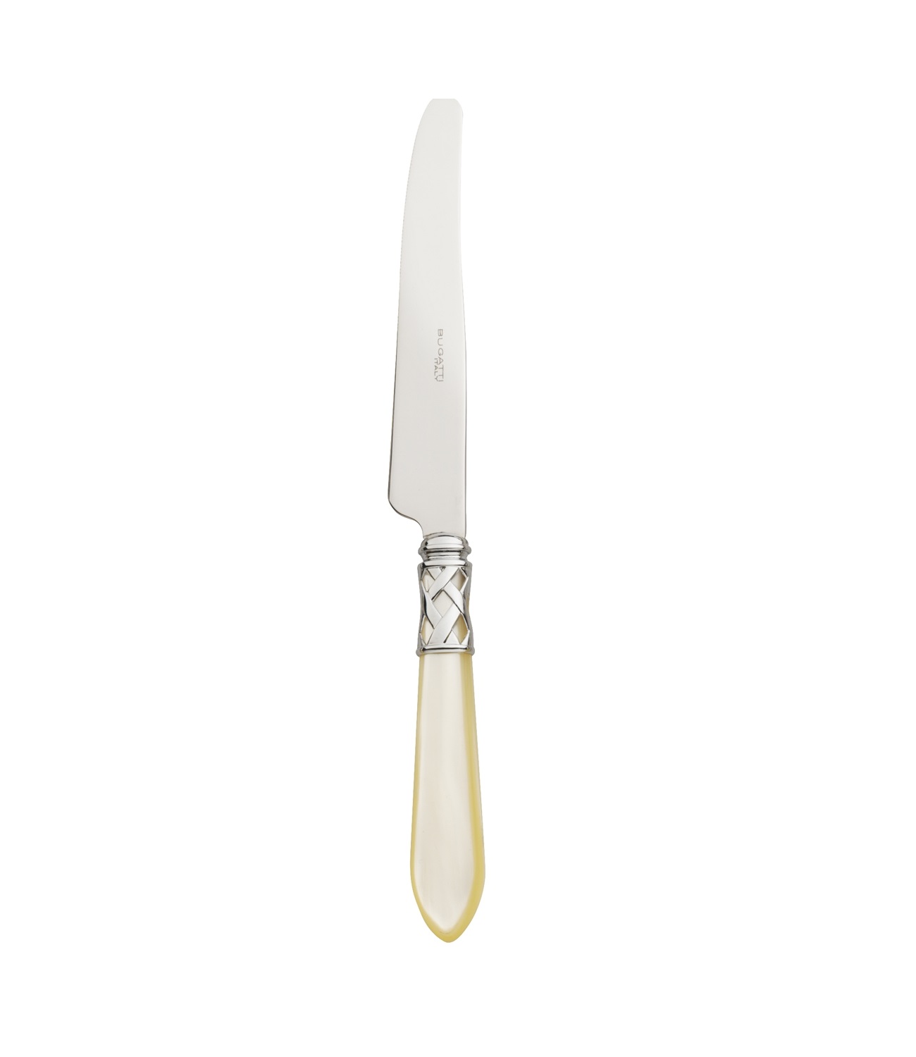 Coltello da tavola modello Aladdin, colorazione del manico avorio madreperla con finitura della ghiera cromata.