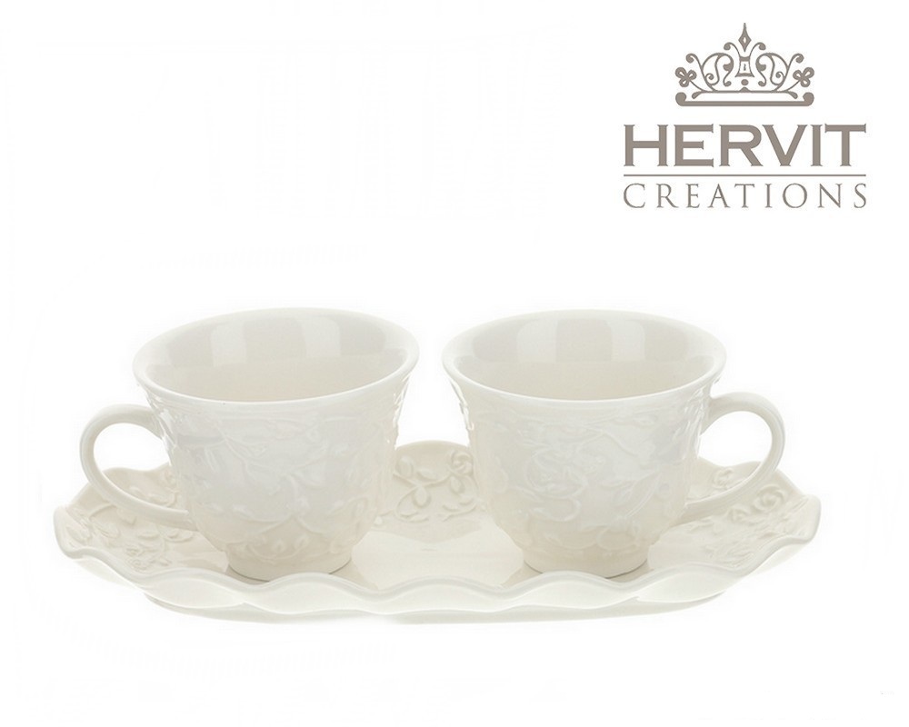 Hervit-Set-Vassoio-con-2-Tazzine-Porcellana-bianca-con-roselline